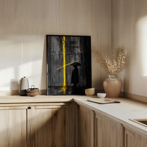Stampa minimalista di pioggia urbana astratta su tela, arte di silhouette scura, decorazione artistica con cornice suggestiva immagine 10