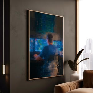 May include: A framed digital art print depicts a person at a computer, illuminated by the glow of multiple screens. The artwork uses a pixelated style with a color palette of blues, greens, and browns. The print is displayed in a room with a modern aesthetic.