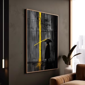 Minimalist City Rain Print Abstract Urban Canvas, Dark Silhouette Art, Moody Framed Art Decor