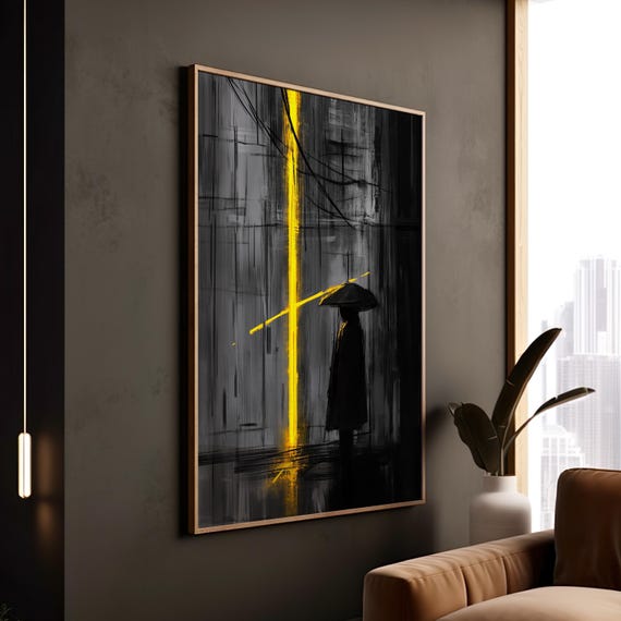 Minimalist City Rain Print Abstract Urban Canvas, Dark Silhouette Art, Moody Framed Art Decor