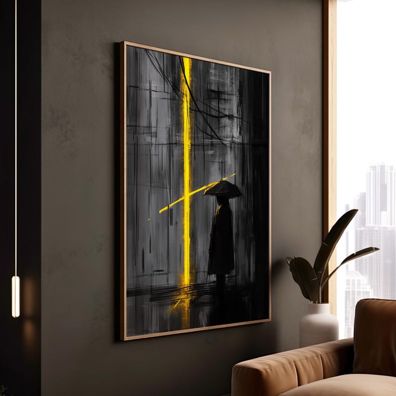 Stampa minimalista di pioggia urbana astratta su tela, arte di silhouette scura, decorazione artistica con cornice suggestiva immagine 1