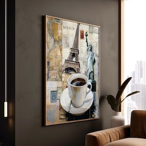 Poster arrotolati con mappa vintage, stampa artistica di viaggio con caffè a Parigi e New York, collage della Statua della Libertà della Torre Eiffel, ufficio domestico unico