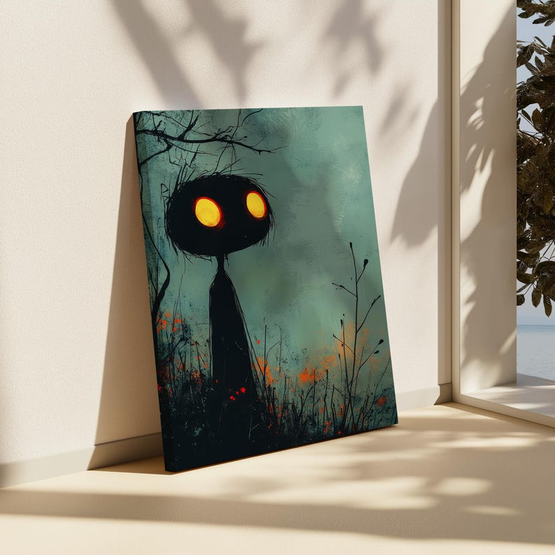 a painting of a person with glowing eyes