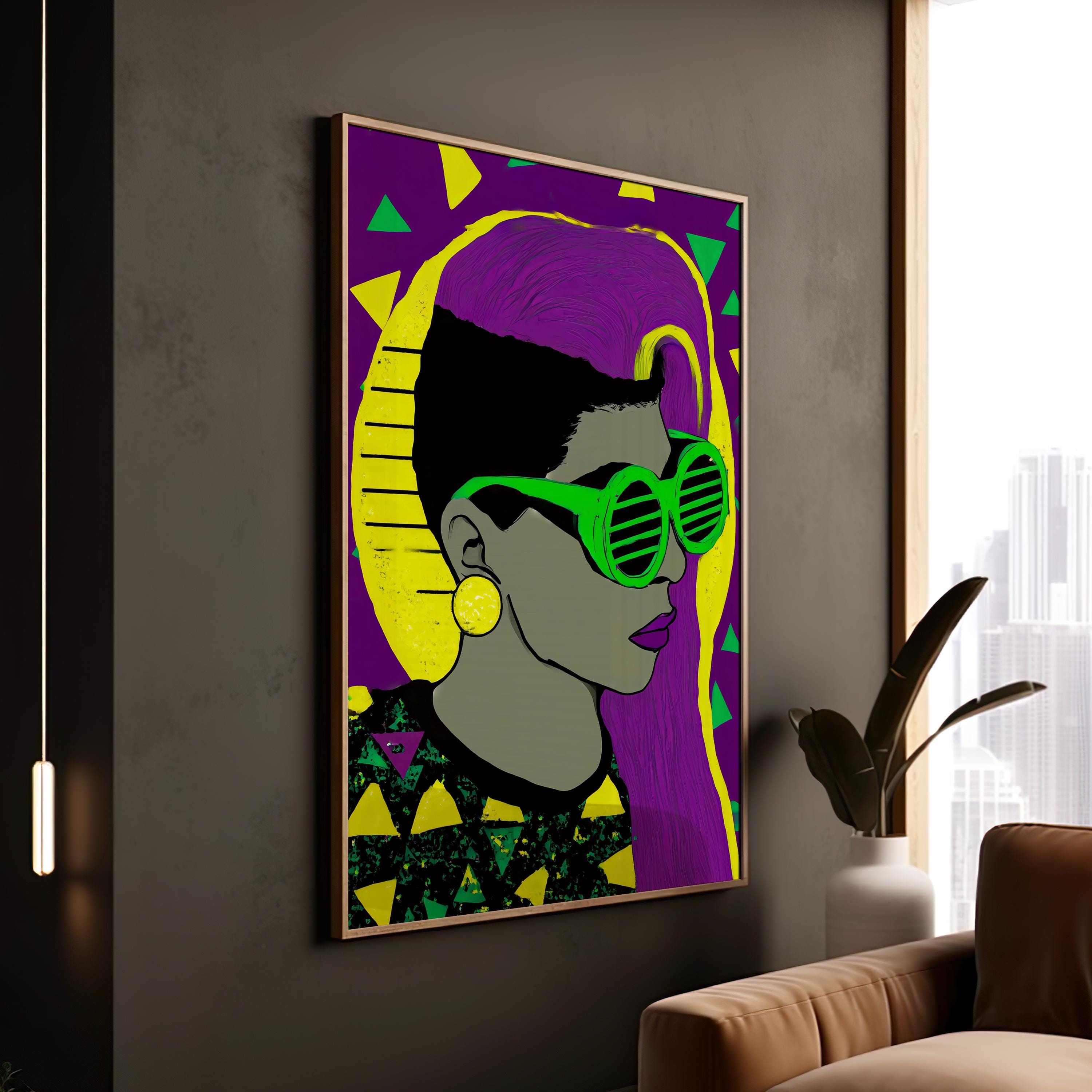 Shutter Shades, Pop Portrait Wall Art - Chartreuse, Purple, Black