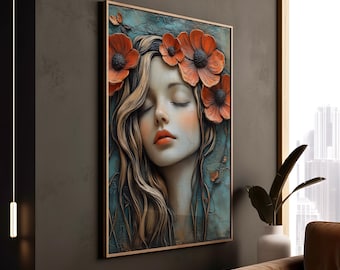 Boho Floral Woman Art Print: Dreamy Cottagecore Wall Decor