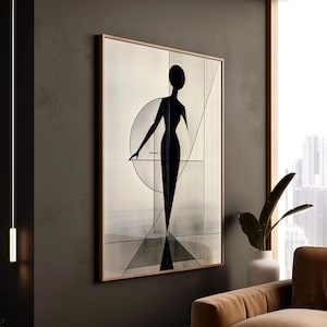 Elegante stampa artistica geometrica con silhouette di donna stilizzata, tela minimalista in bianco e nero ispirata all'Art Déco, per un arredamento da parete moderno ed elegante.