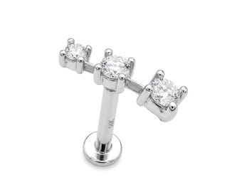 14K White Gold Tragus Piercing, 16G Labret Studs, Helix Cartilage Piercing with CZ Stone