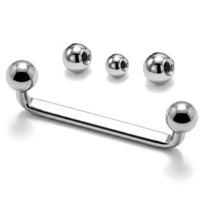 May include: A silver-toned curved barbell body jewelry piece with two attached spherical ends, accompanied by three additional loose spherical beads of varying sizes, all featuring a polished metallic finish and internal threading.