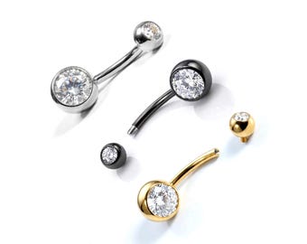 Titanium Belly Bars, Navel Piercing 14G with Cubic Zircon Clear Crystals