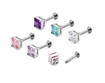 14G Labret Piercing with Silver top Prong Setting Square CZ Crystals size 7mm