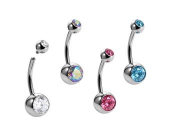 Internal Belly Bars, Titanium Navel Piercing 14G with Cubic Zircon Clear Crystals