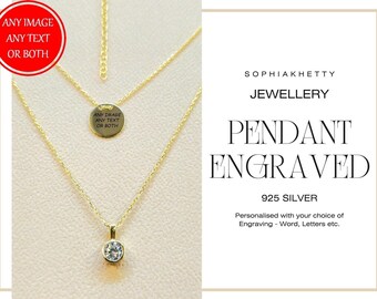 Sterling Silver Engraved Round Pendant Double Cable Necklace with Round Crystal - Personalize it with your Message or Image - Ideal Gift