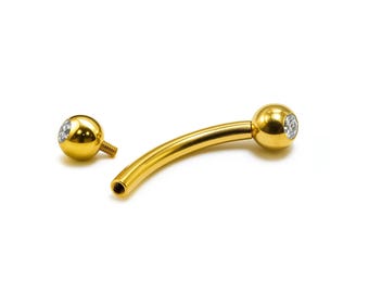 14k gold Curved Barbell Piercing with Gemstones: Internally Threaded 14g, 16g Body Jewellery