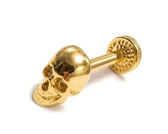 14K Gold 16G Labret Stud Lip Piercing Skull design for Tragus, Helix, Cartilage Body Jewellery Internally Threaded