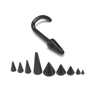 May include: Black nose ring and a set of black cone-shaped piercing studs. The nose ring has a curved hook design. The studs vary in size, with a smooth, pointed tip. All items are set against a white background.