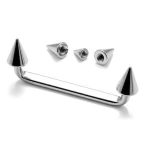 May include: A silver-colored curved barbell body jewelry piece with a smooth, polished finish. The barbell features two fixed cone-shaped ends and is accompanied by three additional, separate cone-shaped screw-on attachments of varying sizes.