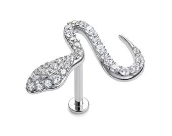 14K White Gold Snake Helix Stud, 16G Labret Earring, Cartilage Tragus Piercing with CZ Stone