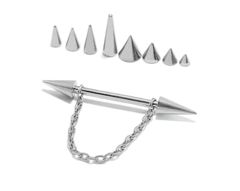 Nose Bridge Spike Barbell with Chain : 14g 16g 18g Titanium Body Piercing Jewelry