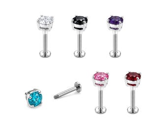 14G Labret Piercing with Silver top Prong Setting Round CZ Crystals size 6mm