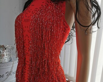 showgirl costume, party /festival outfit.  burlesque costume. Stage performer. Red with glitter tassels.  UK size 6 to 12