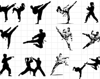 Paquete SVG de Taekwondo, icono de Taekwondo svg, Artes Marciales svg, Amante del Taekwondo, Vector de Karate Girl Boy, Silueta de autodefensa, Vector de Taekwondo