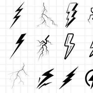 May include: A set of 12 black and white lightning bolt illustrations. The illustrations are hand-drawn and have a variety of styles, including jagged, curved, and straight lines.