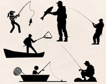 PESCA SVG Paquete, PESCA Archivos de corte Svg para Cricut, Señuelo de pesca Svg, Bass Svg, Trucha Svg, Pescador capturando peces Svg