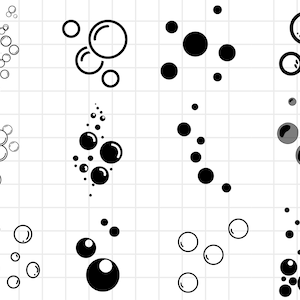 Puede incluir: Una colección de 12 ilustraciones de burbujas en blanco y negro. Las burbujas son de diferentes tamaños y están dispuestas en diferentes patrones.