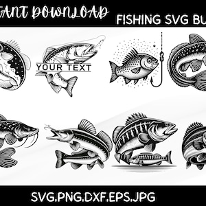 Puede incluir: Un conjunto de ocho ilustraciones en blanco y negro de varios peces, incluyendo un pez gato, una lubina y una perca. Las ilustraciones son de estilo vintage y son perfectas para usar en proyectos de manualidades, scrapbooking o diseño digital. El texto "YOUR TEXT" está incluido en una de las ilustraciones.