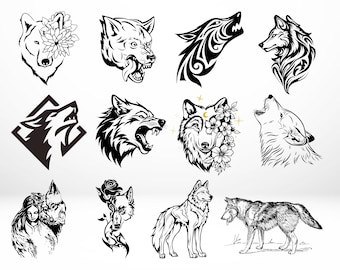 Paquete de lobo svg, Lobo aullando svg, Ilustración vectorial de lobo, Cabeza de lobo svg, Cara de lobo svg, Flores de lobo svg, Lobo PNG, Archivos cortados de lobo
