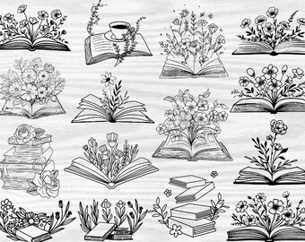 Pacote Svg de livro floral, livro com clipart de flores, livro Svg, flor Svg, linha de arte Svg, contorno de flor, arquivo de corte de flor, clipart floral