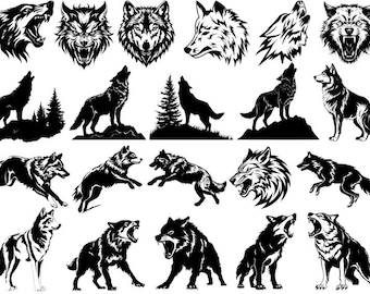 Paquete de lobo svg, lobo aullando imágenes prediseñadas, animal salvaje svg, silueta de animales del bosque svg, descarga instantánea, lobo cricut
