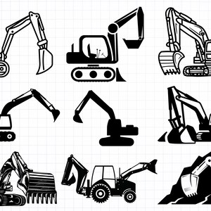 Könnte beinhalten: Ein Satz von zehn Schwarzweiß-Silhouettenillustrationen von Baggern. Die Bagger befinden sich in verschiedenen Posen, darunter Graben, Heben und Fahren. Die Illustrationen sind einfach und sauber und eignen sich perfekt für den Einsatz in einer Vielzahl von Projekten.