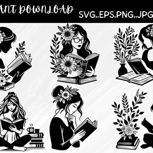 Può includere: Sei illustrazioni in bianco e nero di donne che leggono libri. Ogni illustrazione presenta una donna con fiori nei capelli e un libro in mano. Le illustrazioni sono su uno sfondo bianco.