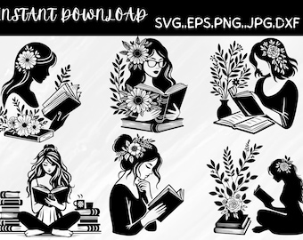 Lectura de mujeres svg, paquetes de mujeres svg, libro de lectura svg, paquetes de mujeres svg, imágenes prediseñadas de mujeres, descarga instantánea, descarga de canva