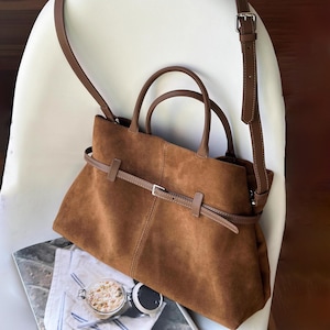 Suede Top Handle Bags, Suede Leather Tote Bags, Classic Timeless Handbags