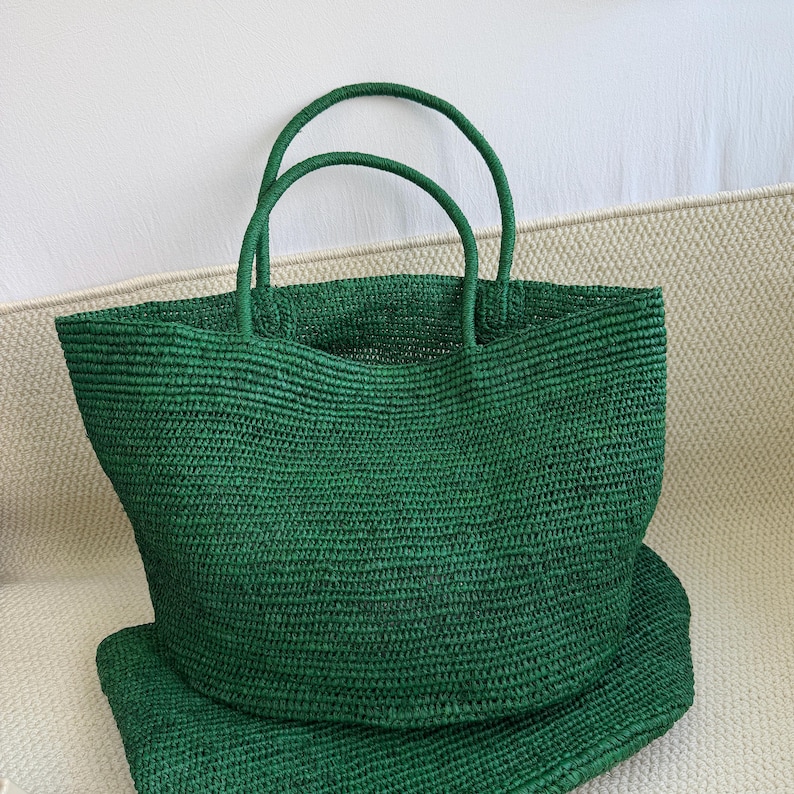 Bolsa grande de ráfia, bolsa de ombro feminina de ráfia trançada, bolsa de palha feita à mão, bolsa de praia para férias Green