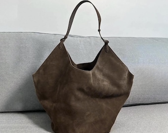 Suede Tote Bag, Lotus Bag, Minimal Leather Tote Bags, Genuine Leather Handbags