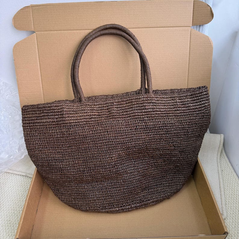 Bolsa grande de ráfia, bolsa de ombro feminina de ráfia trançada, bolsa de palha feita à mão, bolsa de praia para férias Dark Brown