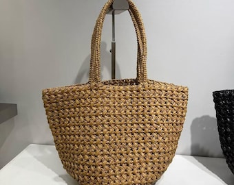 Raffia Shoulder Bag, Artificial Raffia Woven Tote Bags, Handmade Straw Bag, Raffia Crochet Handbag
