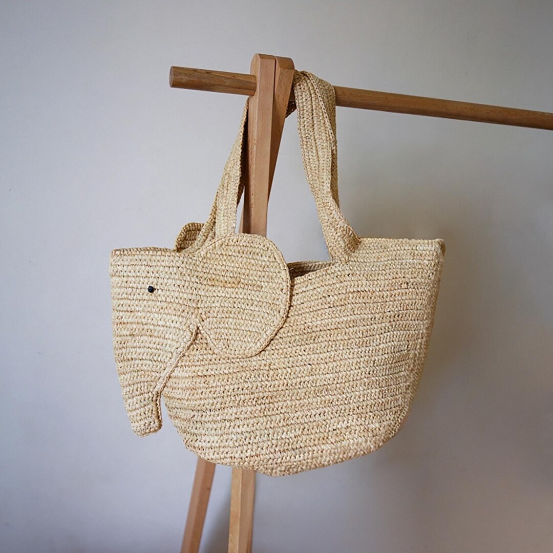 Raffia Tote Bag, Raffia Woven Shoulder Bags, Cute Elephant Straw Bag ...