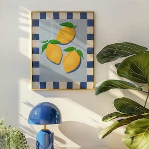 Zitronen Wand Kunst Küche Obst und Gemüse Druck Gelb Zitrusfrüchte Digital Download Karierte Bordüre Moderne Bauernhaus druckbare Sommer Dekor