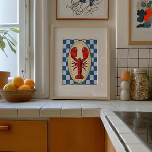 Lobster Wall Art Coastal Kitchen Decor Seafood Print Nautical Digital Download Summer Beach House Wall Art Blue Checkered Printable