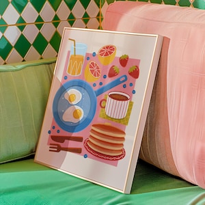 Breakfast Wall Art Pancakes Eggs Coffee Kitchen Decor Digital Download Colorful Food Illustration Modern Cafe Art Printable