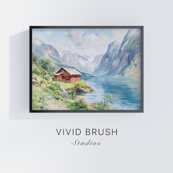 Norwegian Fjord Cottage Digital Art Print | Printable Landscape Wall Art | Scandinavian Fjord Painting | VividBrush Studios Print