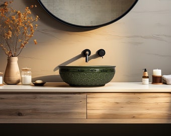 Artisanal bathroom sink in green porcelain