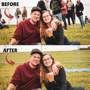 Könnte beinhalten: Ein Foto zeigt ein lächelndes Paar, das auf Gras sitzt. Der Mann trägt einen weinroten Kapuzenpullover und eine schwarze Kappe, die Frau eine schwarze Jacke und eine Brille, hält ein Bier. Die Wörter "BEFORE" und "AFTER" sind zu sehen.