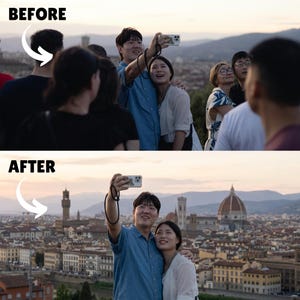 May include: A before-and-after image shows a group of people taking a selfie with a city skyline in the background. The 'after' image reveals a clearer view of the city, including buildings and a dome, with the group in the foreground.