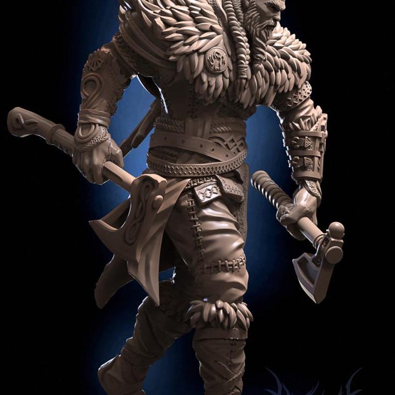 May include: A detailed figurine of a warrior wearing a fur-lined cloak and holding a double-headed axe. The figurine is made of a light brown material and has a textured surface.