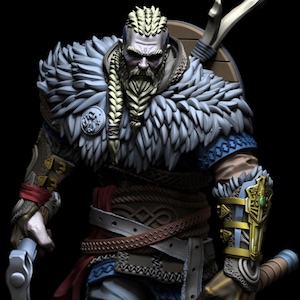 May include: A detailed figurine of a Viking warrior wearing a fur-lined cloak, a leather belt with a braided design, and a gold-colored arm guard with a green gemstone. The warrior has a long braided beard and a fierce expression.